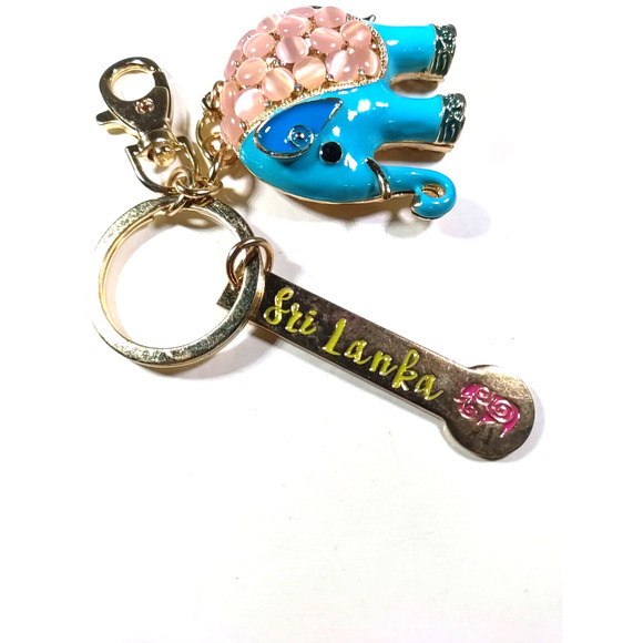 Sri Lanka Elephant Metal Keychain Purse Luggage Clip Blue Pink Stone Gold Tone - Picture 3 of 7